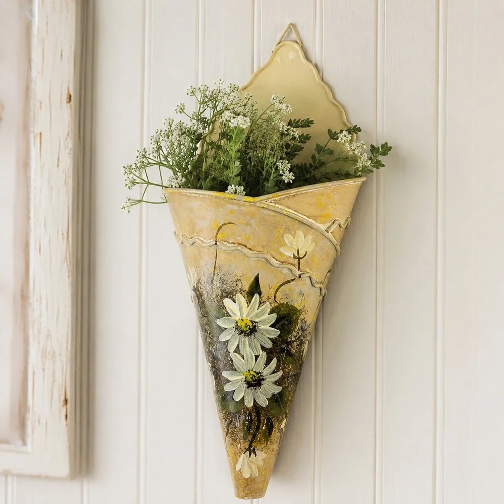 Vintage Style Hand Painted Metal Wall Pocket Cone Planter Daisy Floral Yellow
